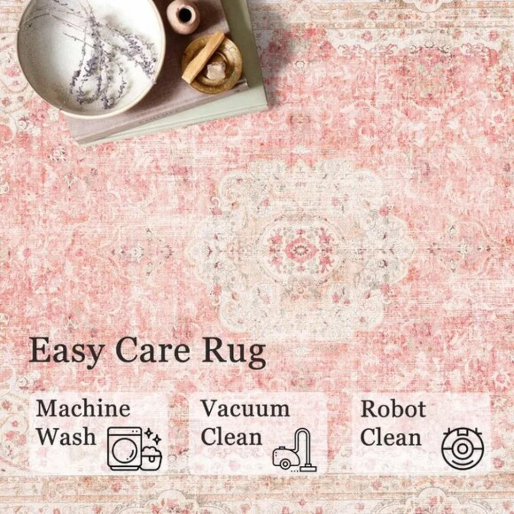 New 3x5 Pink Area Rug, Washable, Non-Slip Vintage Distressed Carpet for Bedroom